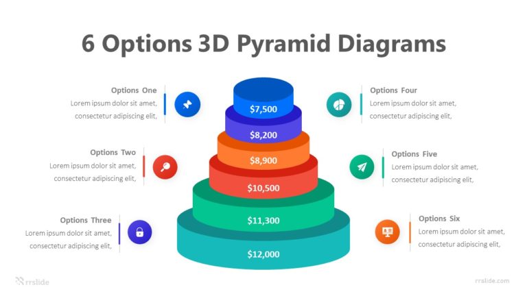 6 Options 3D Pyramid Diagrams Infographic Template