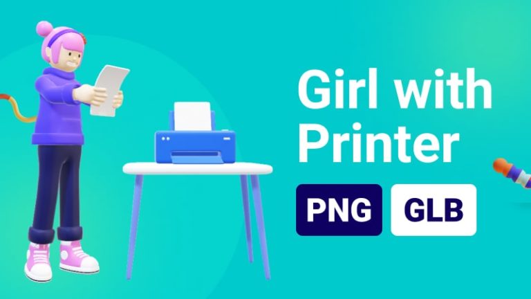 Girl With Printer 3D Assets - Thumbnail